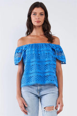 Blue Crochet Off-Shoulder Multi-Pattern Top with Mini Sleeves