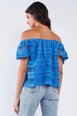 Blue Crochet Off-Shoulder Multi-Pattern Top with Mini Sleeves