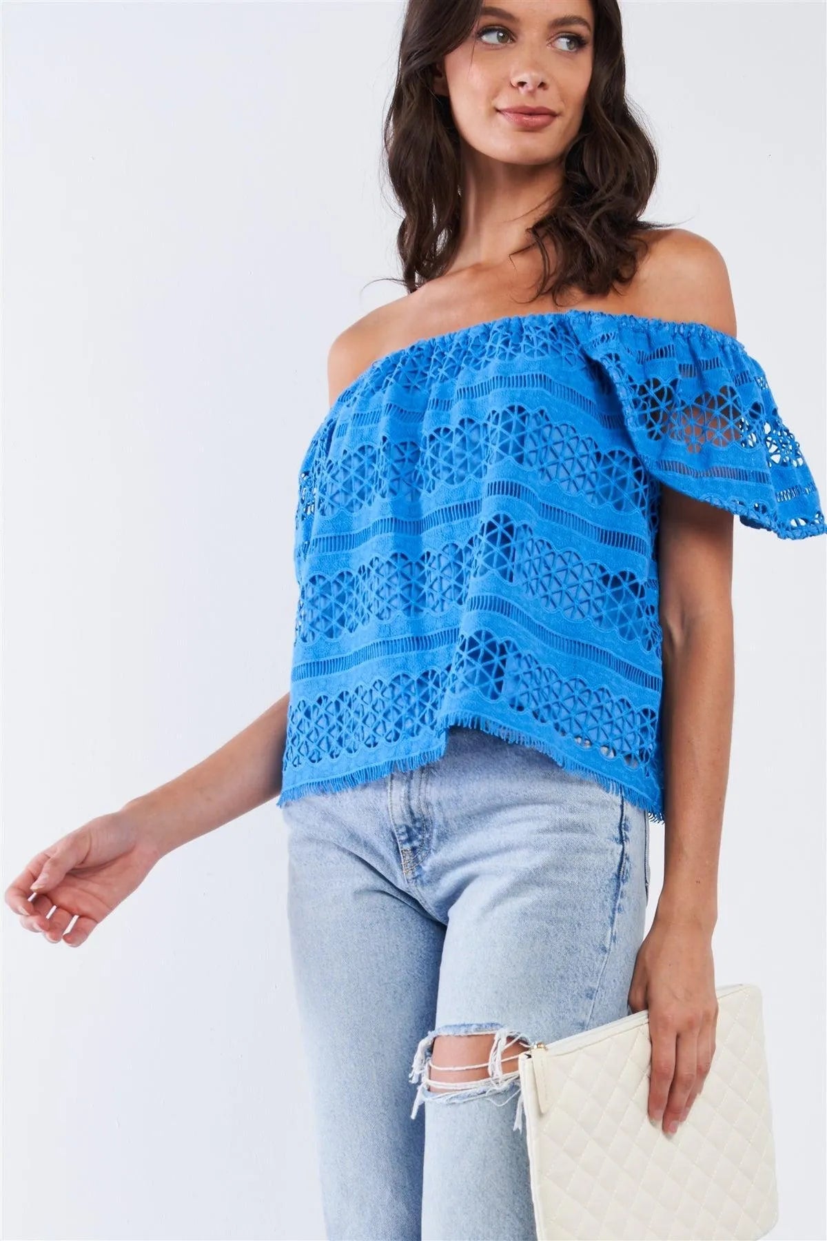 Blue Crochet Off-Shoulder Multi-Pattern Top with Mini Sleeves