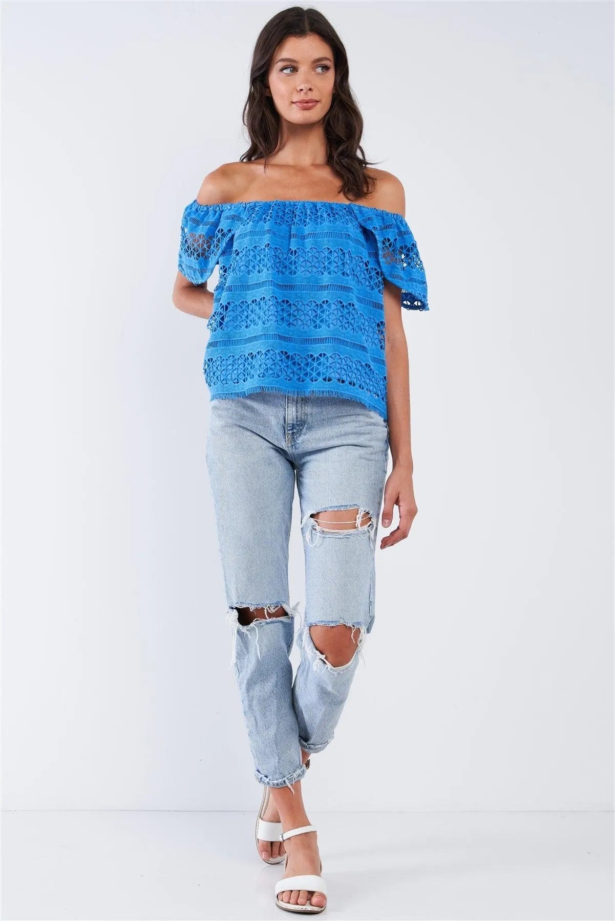 Blue Crochet Off-Shoulder Multi-Pattern Top with Mini Sleeves