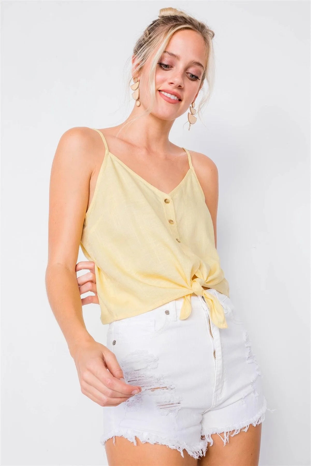 Lemon Yellow V-Neck Button Down Cami Top with Tie Front