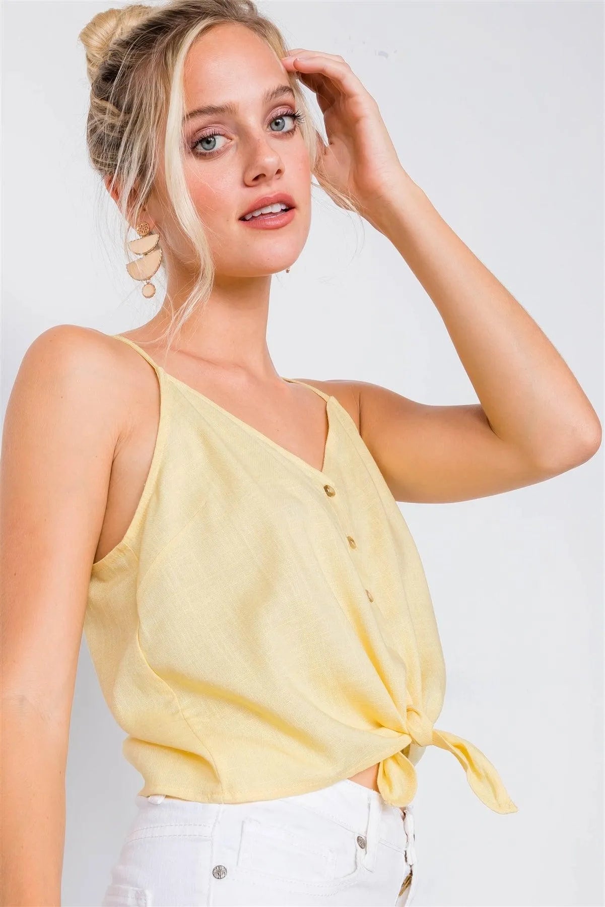 Lemon Yellow V-Neck Button Down Cami Top with Tie Front