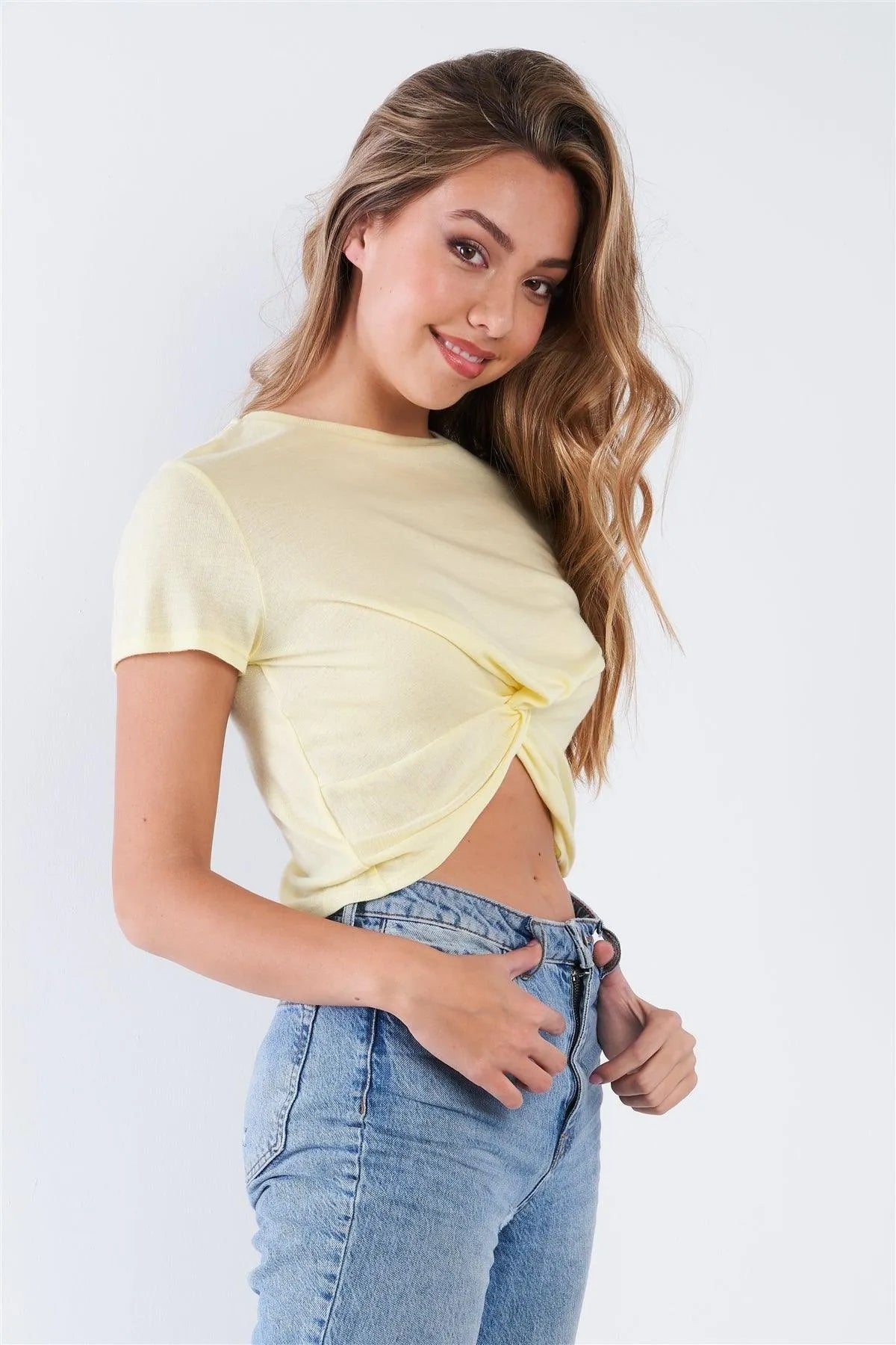 Yellow Twist Front Round Neck Short Sleeve Crop Top