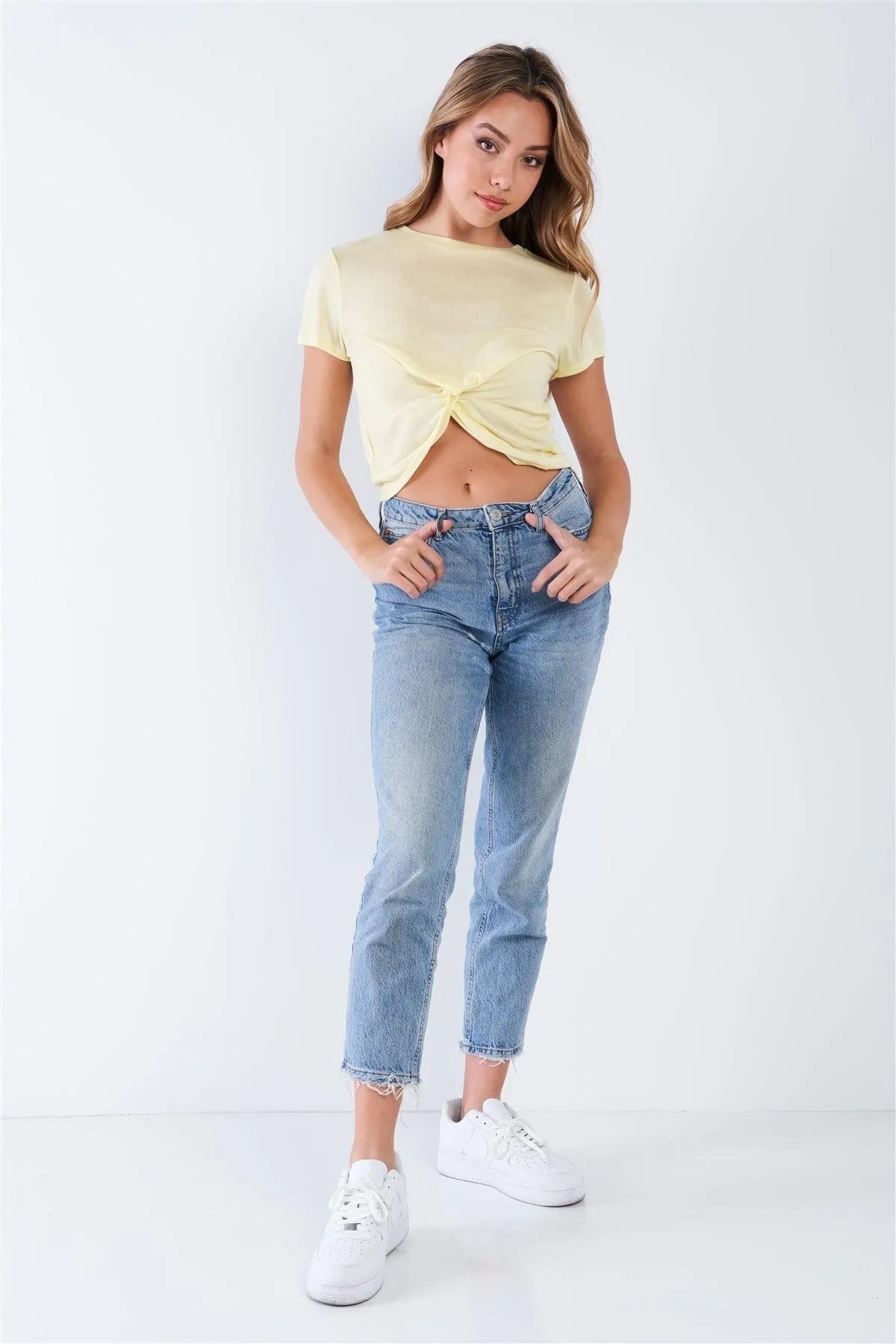 Yellow Twist Front Round Neck Short Sleeve Crop Top
