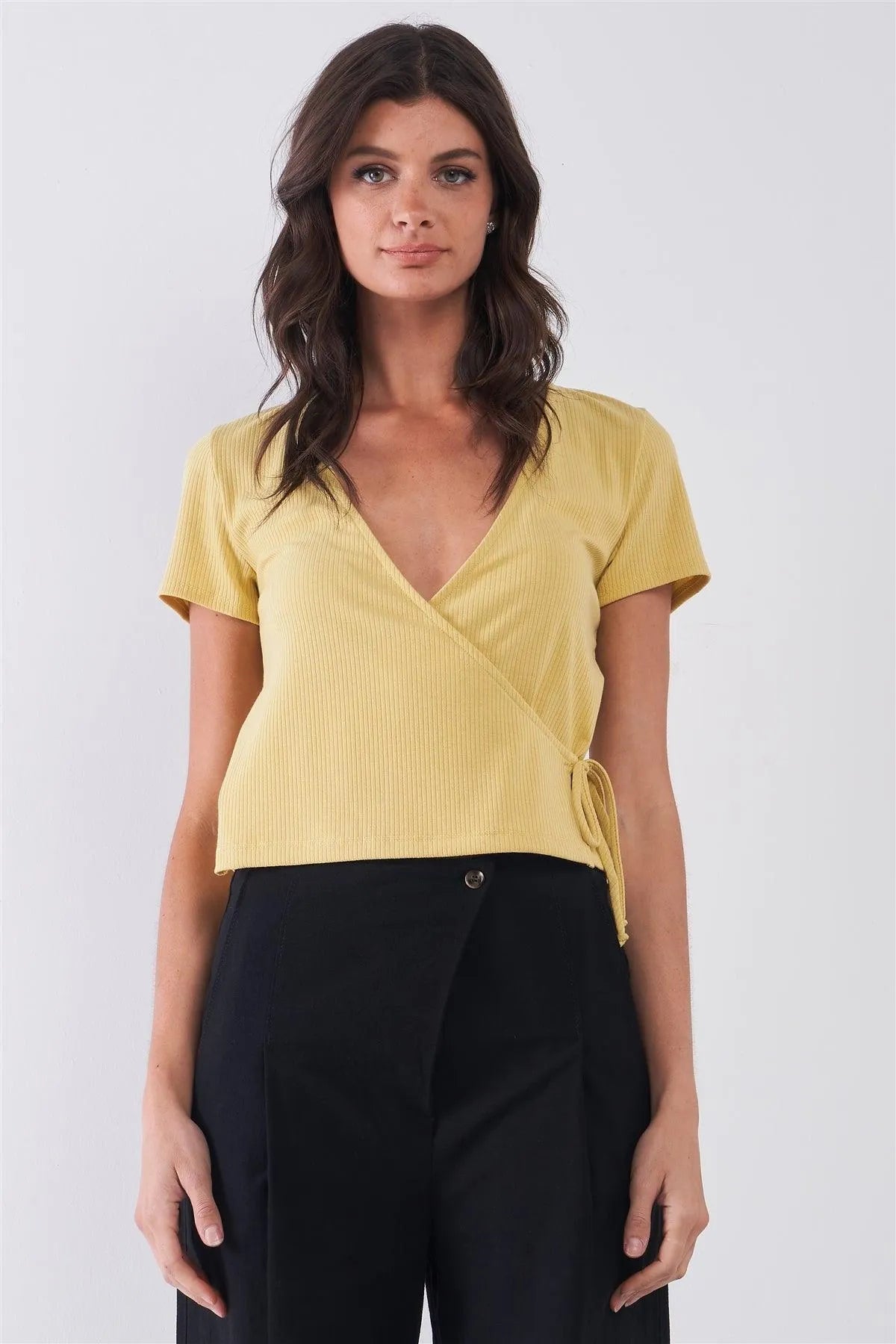 Honey Mustard Ribbed V-Neck Wrap Top with Self-Tie