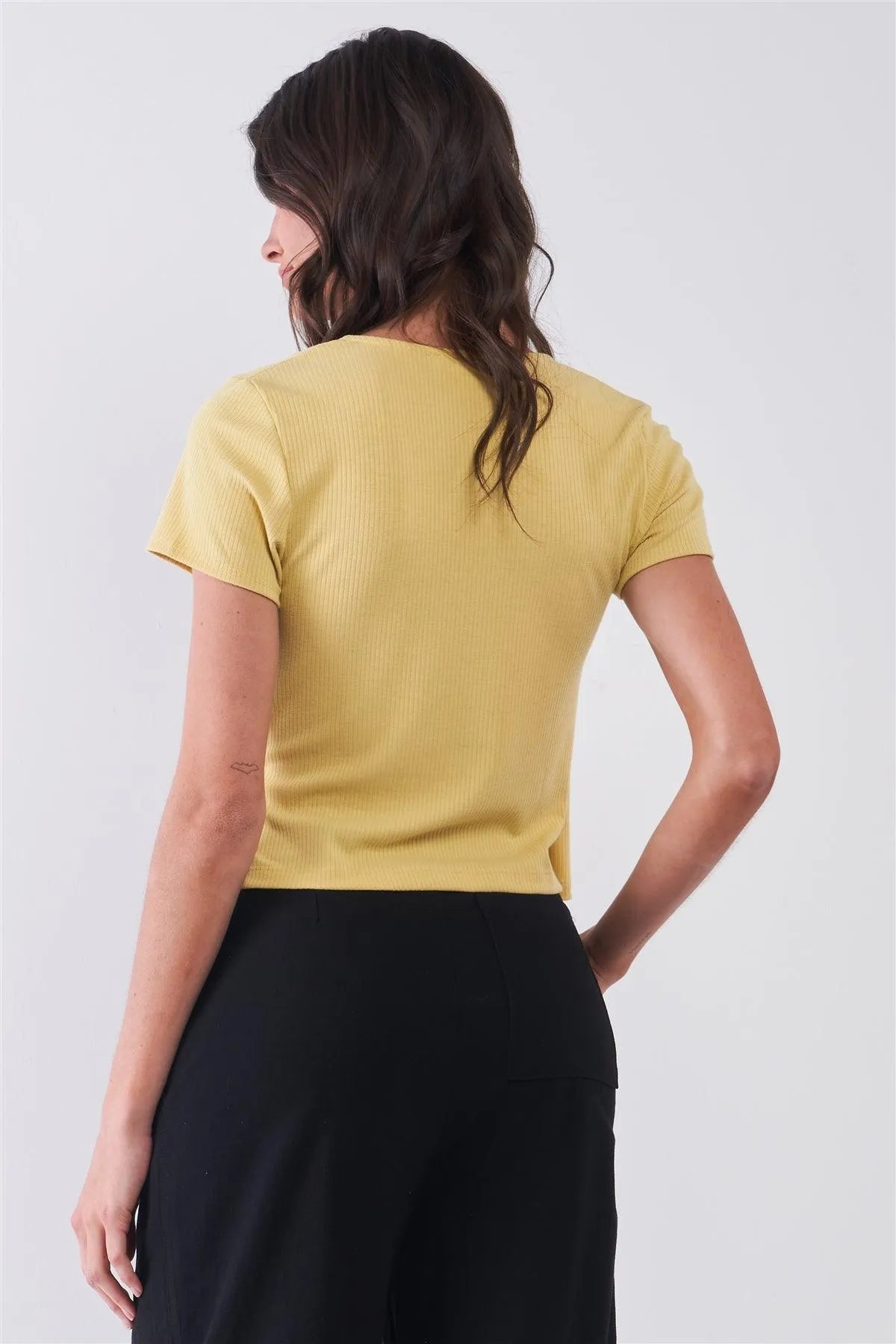 Honey Mustard Ribbed V-Neck Wrap Top with Self-Tie