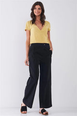 Honey Mustard Ribbed V-Neck Wrap Top with Self-Tie