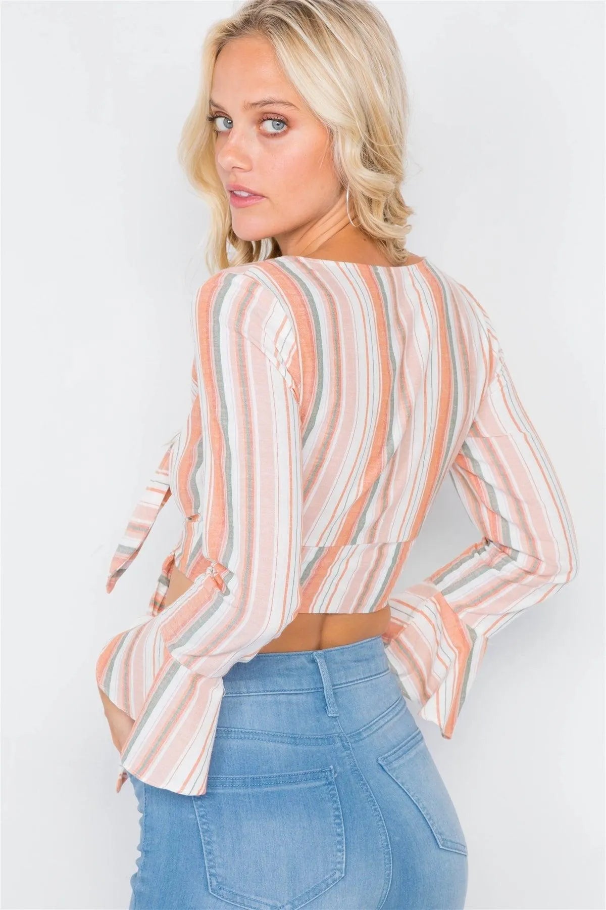 Peach Striped Cotton Surplus V-Neck Crop Top with Tie Front and Flounce Sleeves