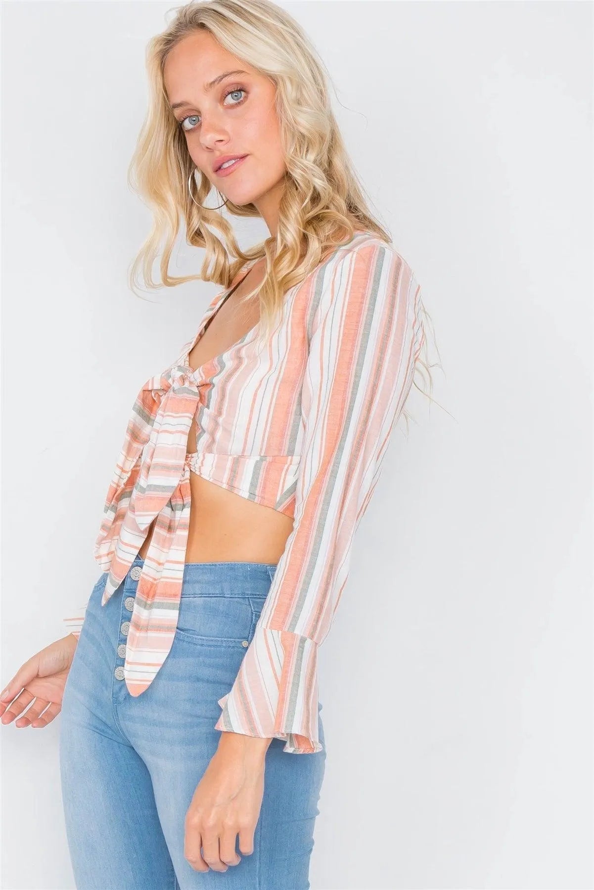 Peach Striped Cotton Surplus V-Neck Crop Top with Tie Front and Flounce Sleeves