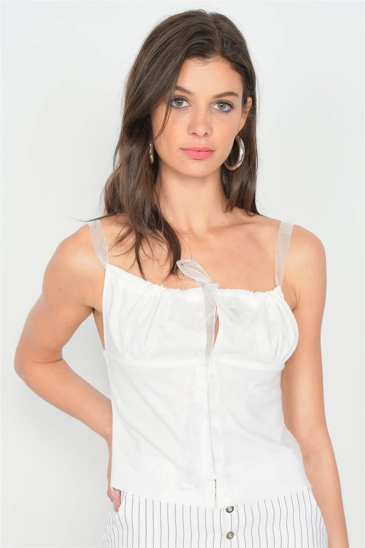 Off-White Bustier Cami Top with Hook & Eye Front and Sheer StrapsOff-White Bustier Cami Top with Hook & Eye Front and Sheer Straps
