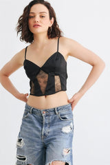 Black Satin Lace Sleeveless V-Neck Crop Top with Smocked Back