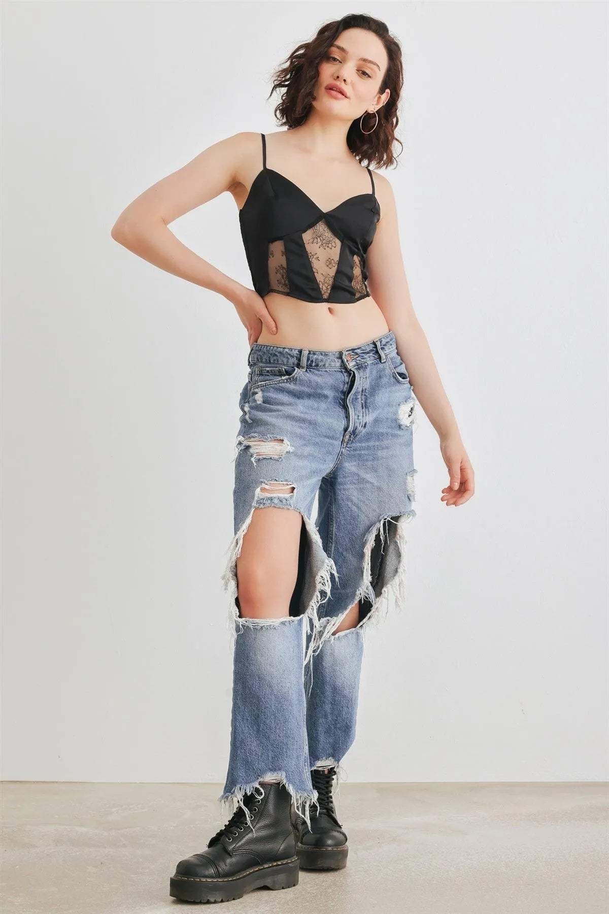 Black Satin Lace Sleeveless V-Neck Crop Top with Smocked Back