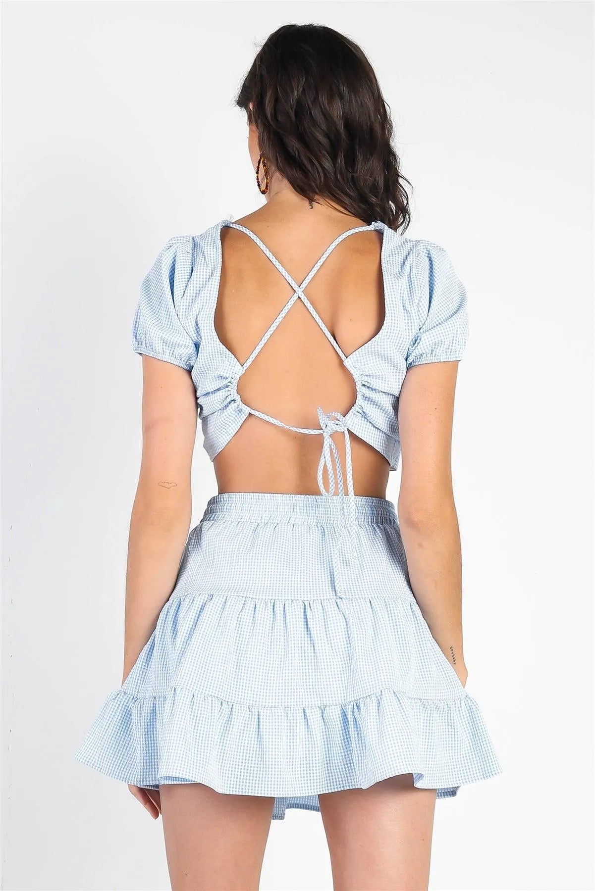 Light Blue & White Plaid Crop Top with Puff Sleeves and High Waist Flare Skirt Set