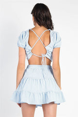 Light Blue & White Plaid Crop Top with Puff Sleeves and High Waist Flare Skirt Set