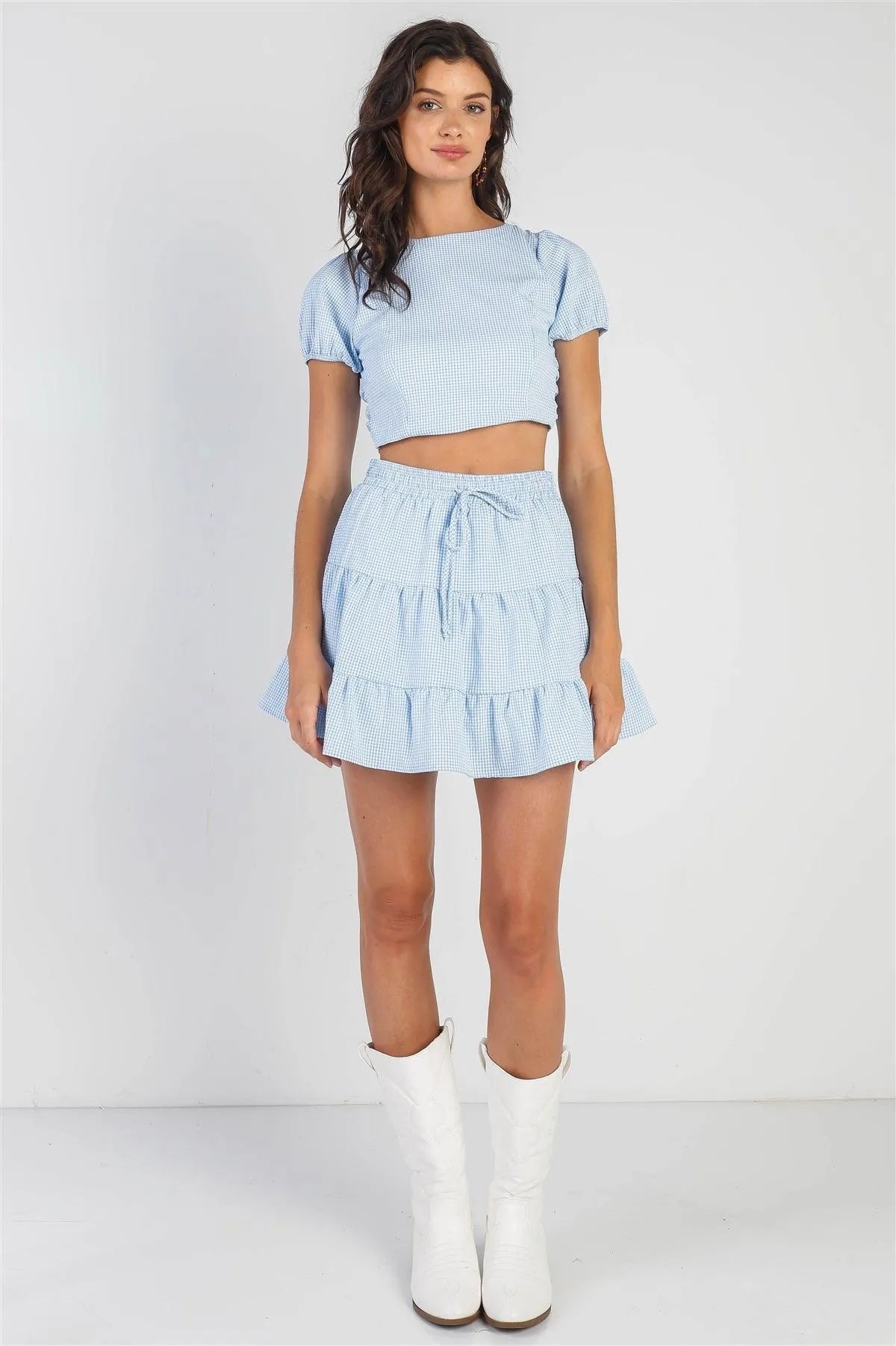 Light Blue & White Plaid Crop Top with Puff Sleeves and High Waist Flare Skirt Set