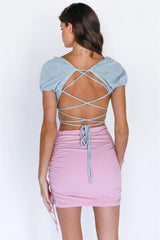 Blue & White Knit V-Neck Crop Top with Balloon Sleeves and Lace-Up Back
