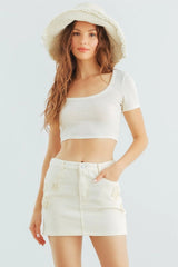 Off-White Round Neck Short Sleeve Crop Top