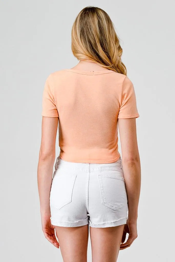 Peach Short Sleeve Knit Crop Top with Square Neckline