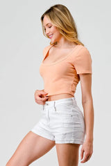 Peach Short Sleeve Knit Crop Top with Square Neckline