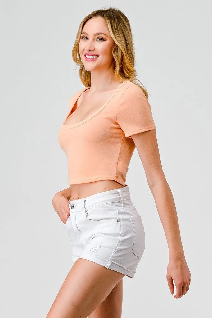 Peach Short Sleeve Knit Crop Top with Square Neckline
