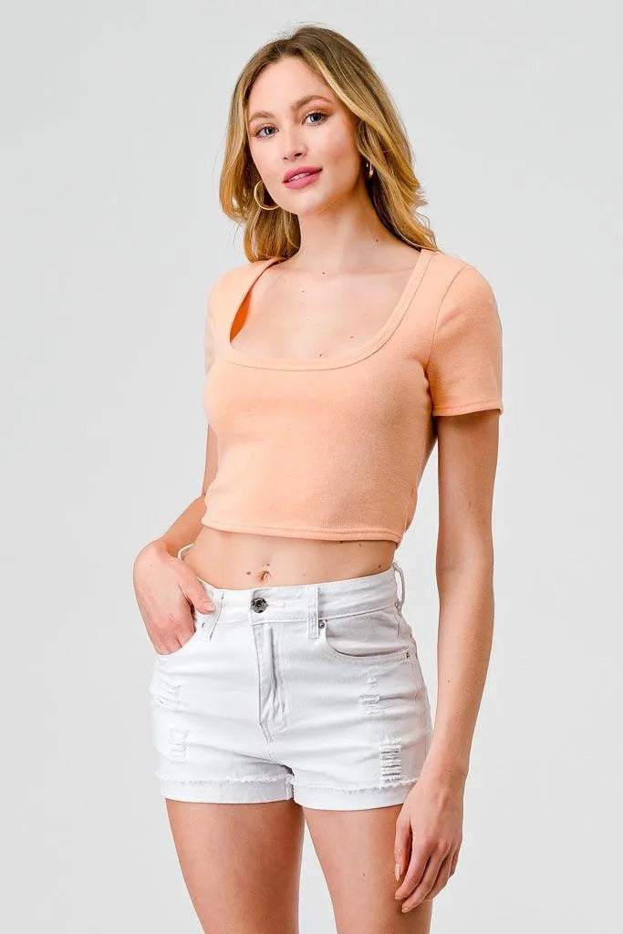 Peach Short Sleeve Knit Crop Top with Square Neckline