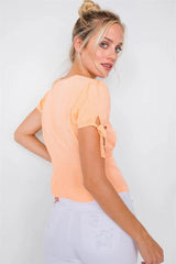 Light Orange Short Sleeve V-Neck Button Front Top with Puff Sleeves and Tie Detail