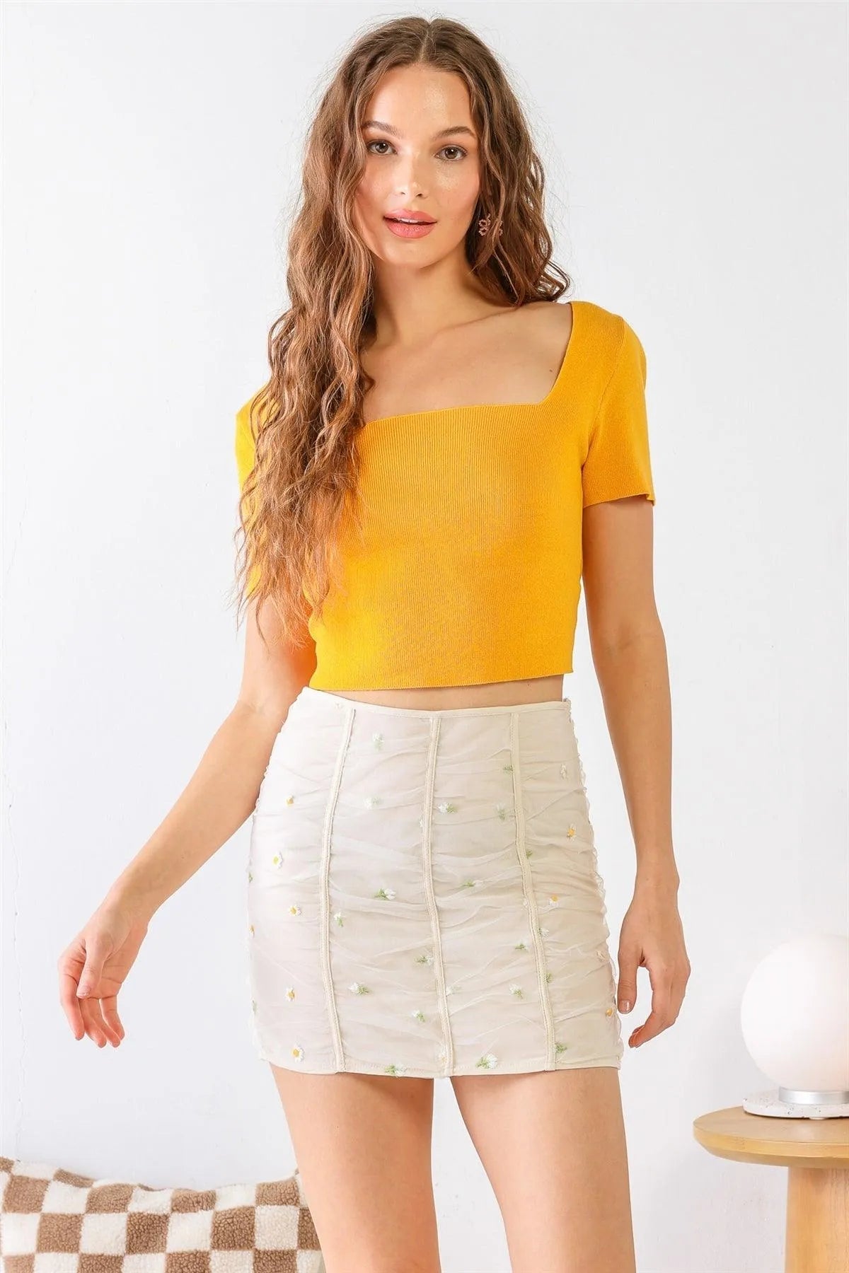 Mango Yellow Cotton Square Neck Back Lace-Up Short Sleeve Crop Top