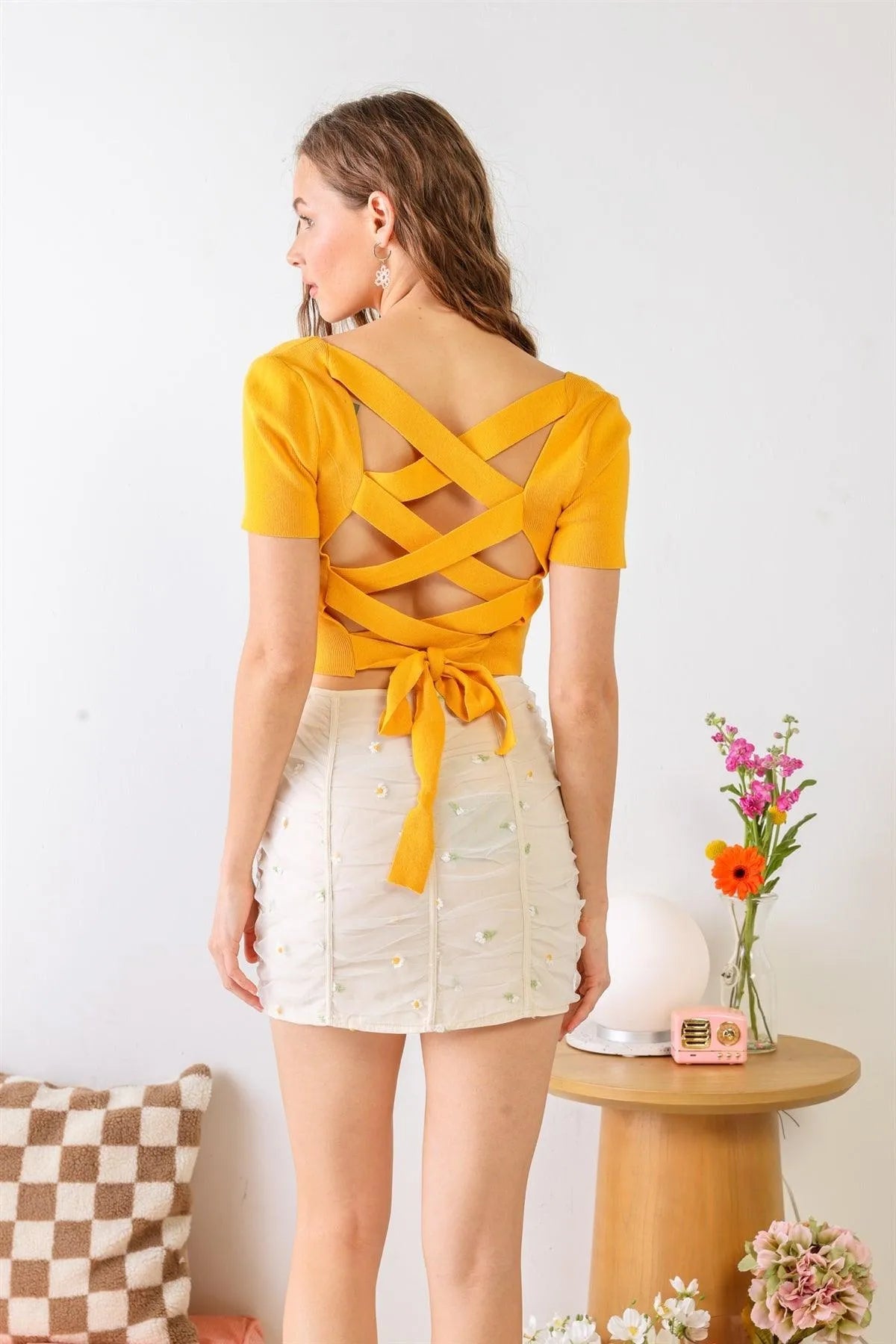 Mango Yellow Cotton Square Neck Back Lace-Up Short Sleeve Crop Top