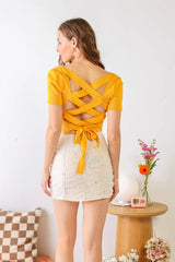 Mango Yellow Cotton Square Neck Back Lace-Up Short Sleeve Crop Top