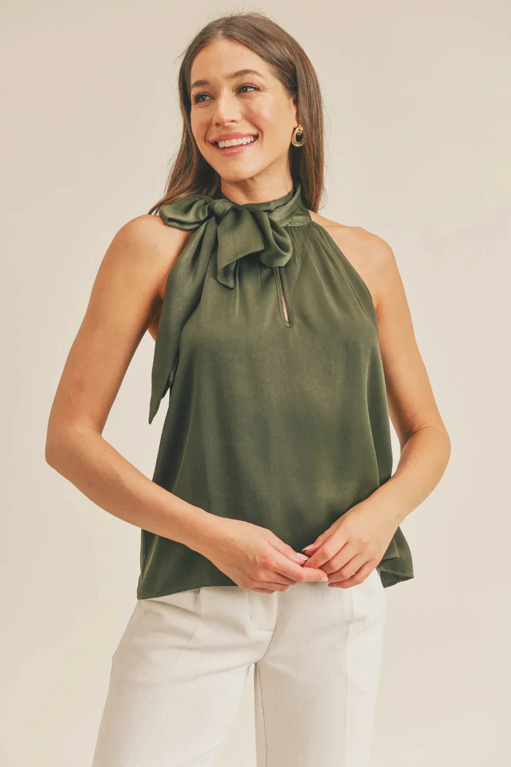 Luxe Satin Tie Neck Halter Top with Bow Detail