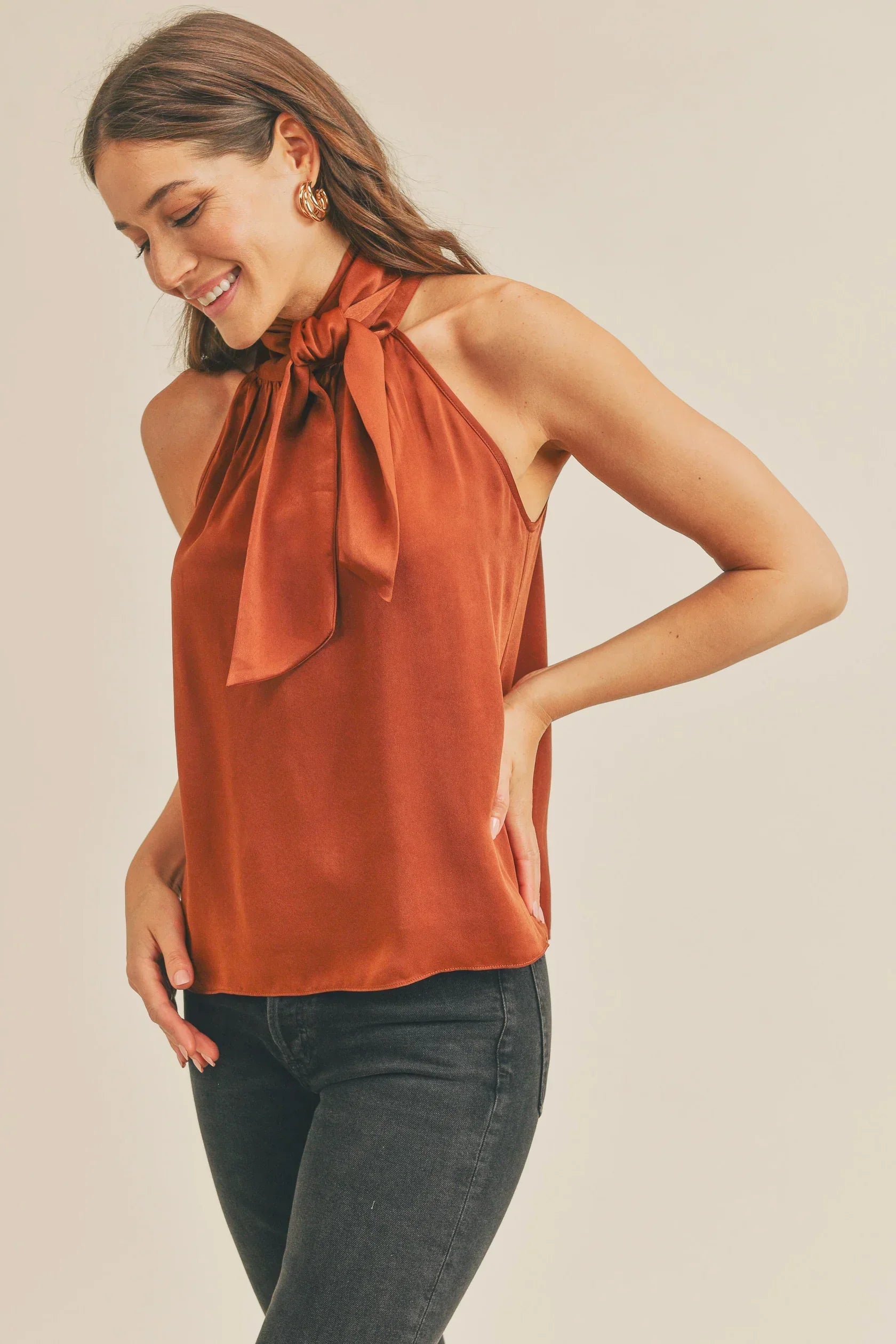 Luxe Satin Tie Neck Halter Top with Bow Detail