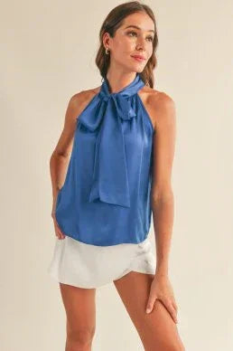 Luxe Satin Tie Neck Halter Top with Bow Detail