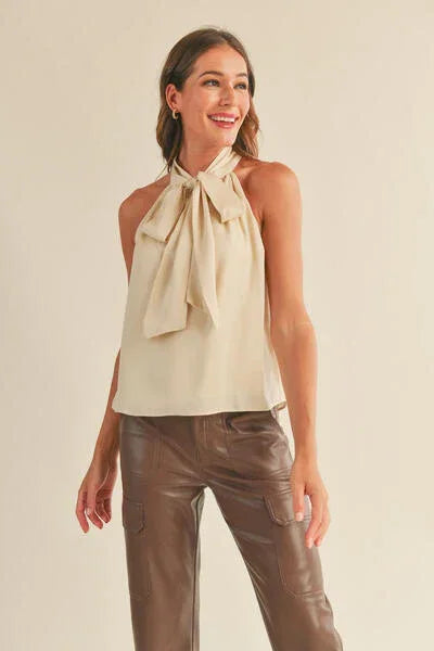 Luxe Satin Tie Neck Halter Top with Bow Detail