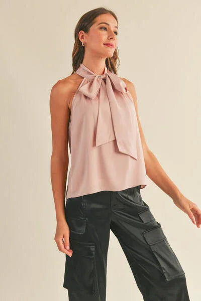 Luxe Satin Tie Neck Halter Top with Bow Detail