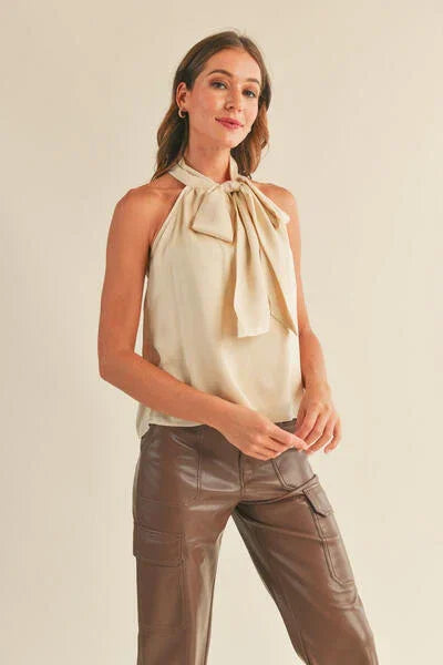 Luxe Satin Tie Neck Halter Top with Bow Detail
