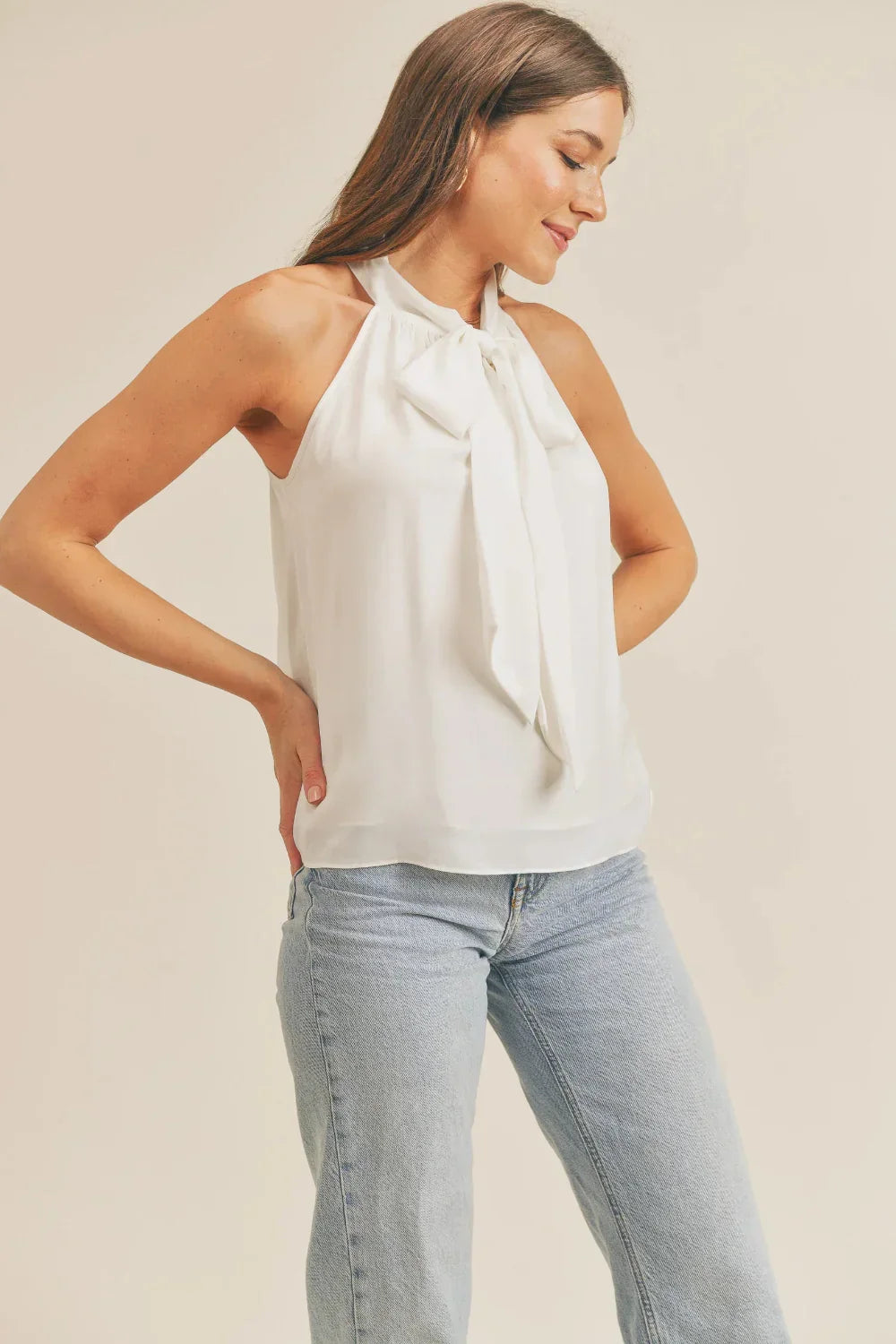 Luxe Satin Tie Neck Halter Top with Bow Detail