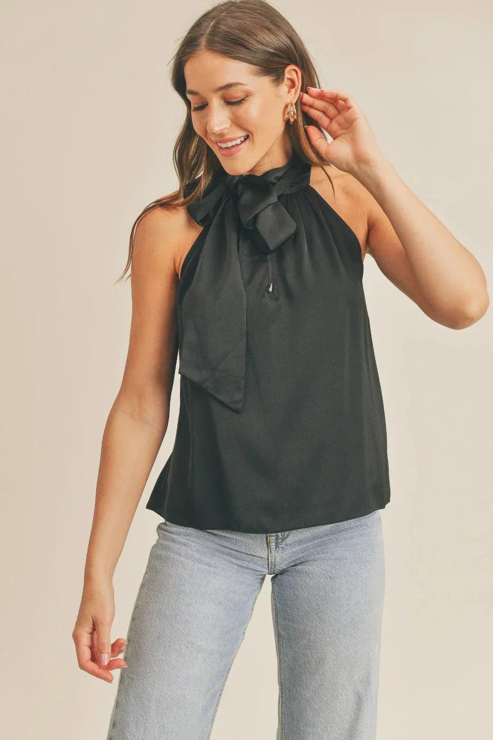 Luxe Satin Tie Neck Halter Top with Bow Detail