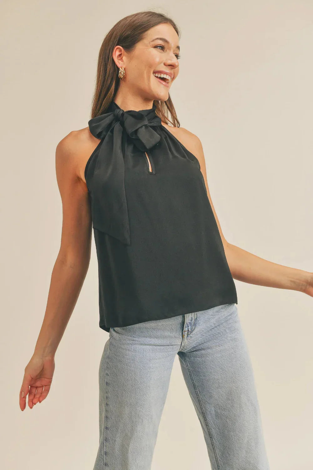 Luxe Satin Tie Neck Halter Top with Bow Detail