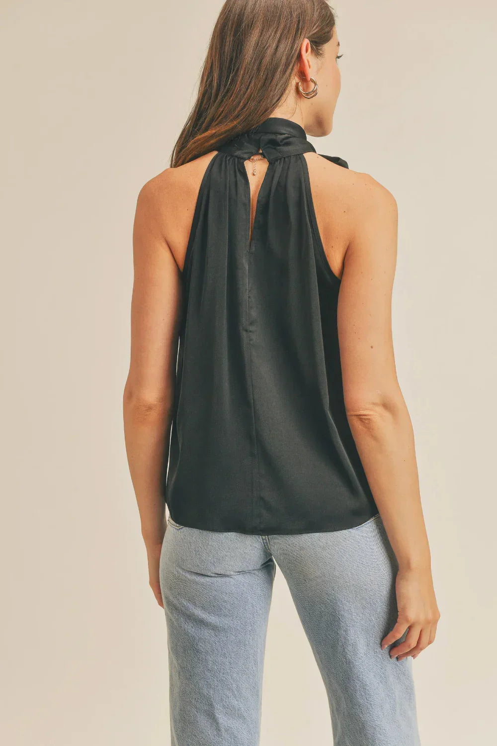 Luxe Satin Tie Neck Halter Top with Bow Detail