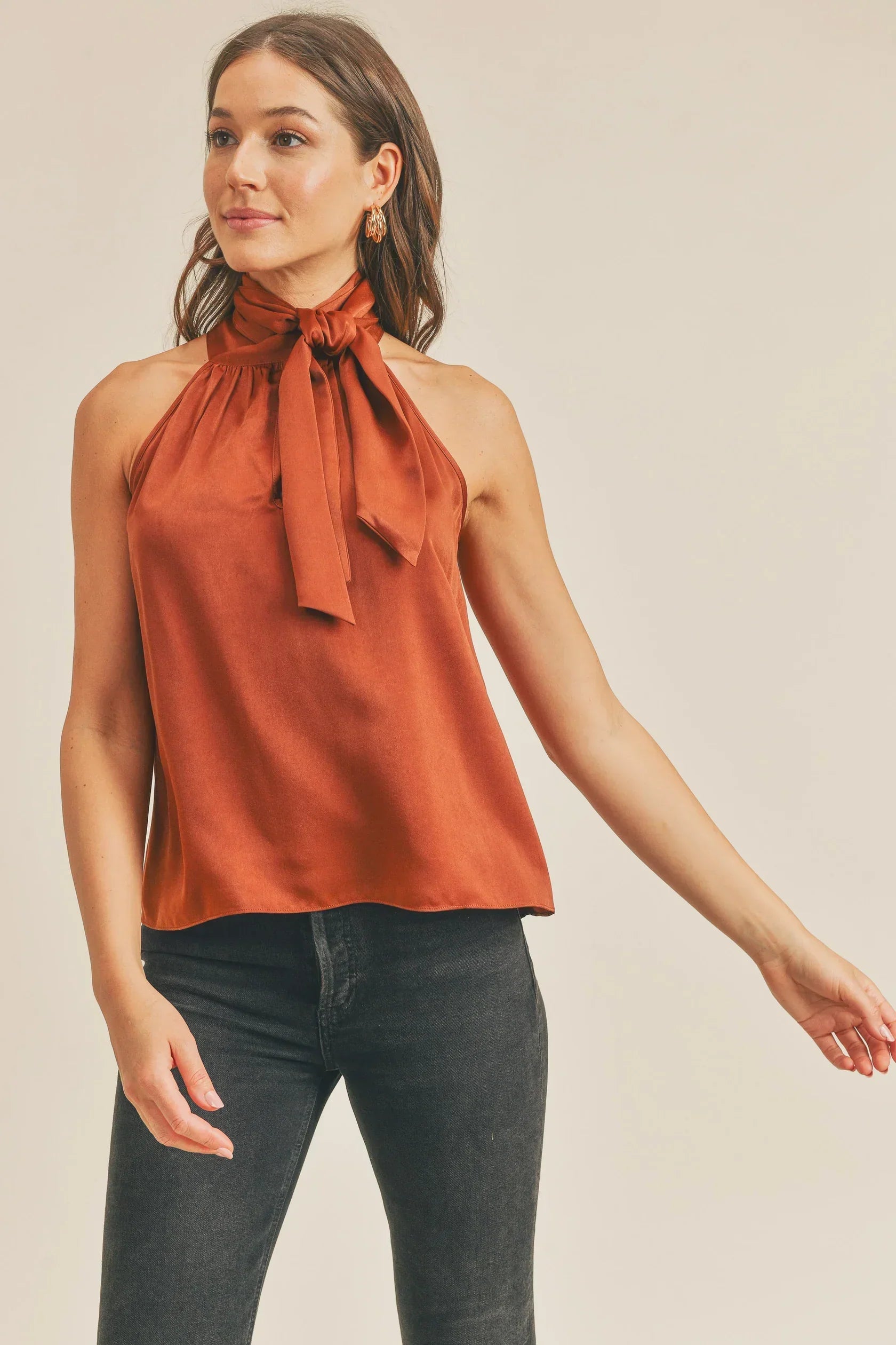 Luxe Satin Tie Neck Halter Top with Bow Detail