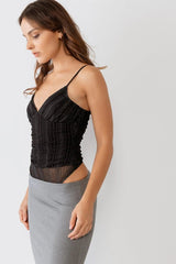 Black Shiny Mesh Ruched Sleeveless V-Neck Bodysuit