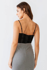 Black Shiny Mesh Ruched Sleeveless V-Neck Bodysuit