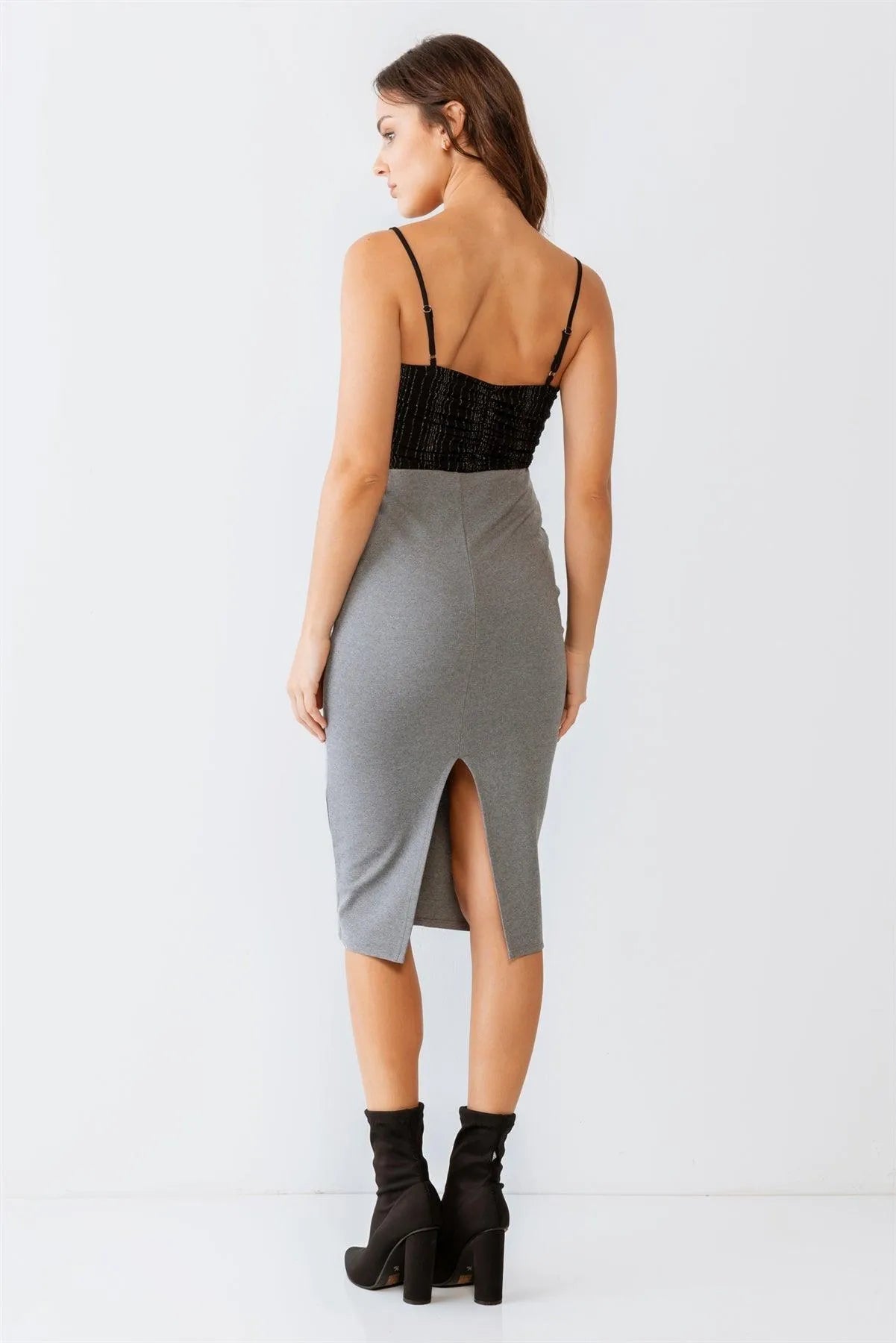 Black Shiny Mesh Ruched Sleeveless V-Neck Bodysuit