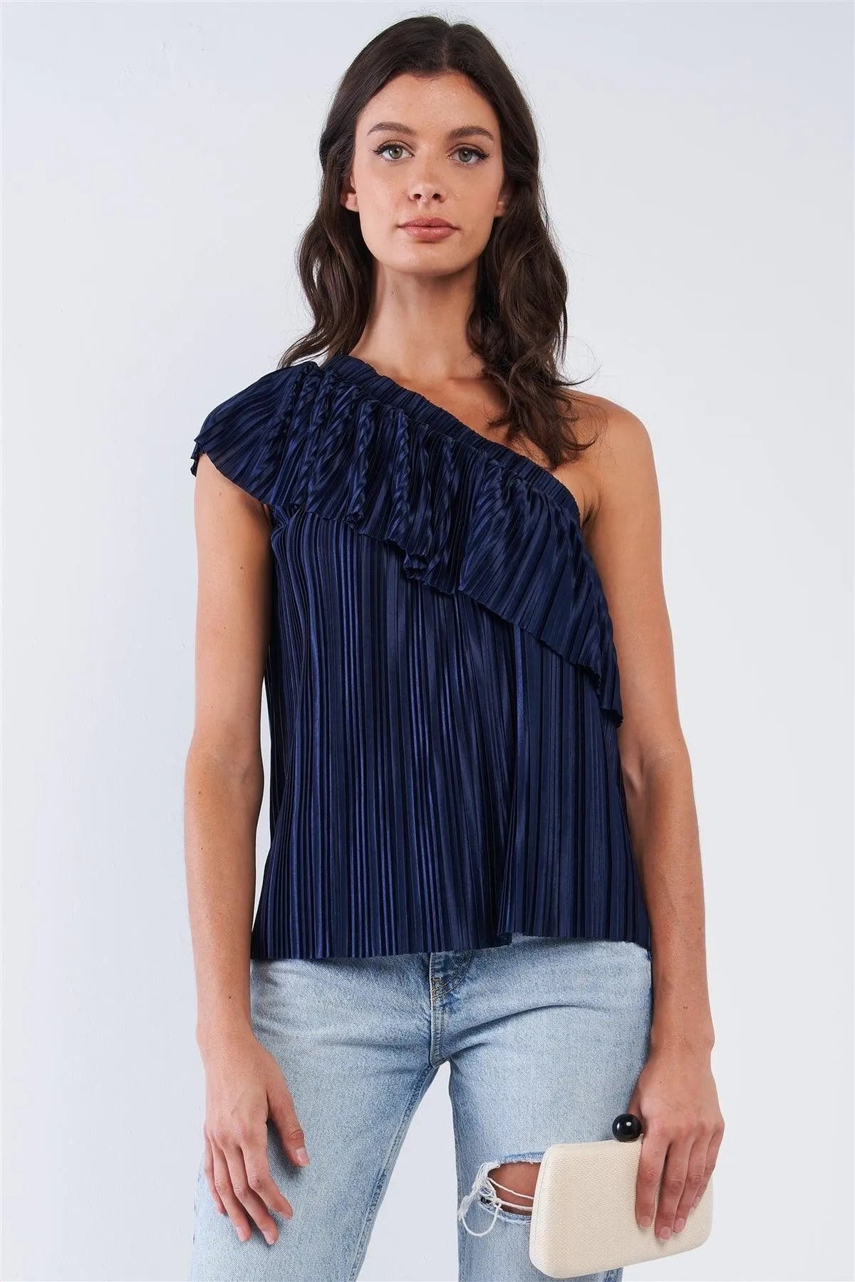 Navy Satin Crinkle One-Shoulder Ruffle Top