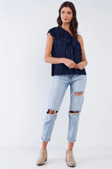 Navy Satin Crinkle One-Shoulder Ruffle Top