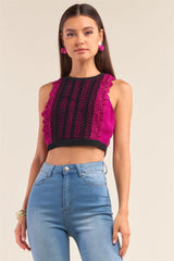 Magenta & Black Crochet Trim Sleeveless Racerback Crop Top