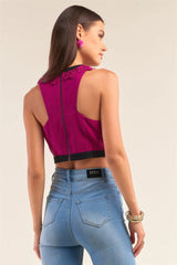 Magenta & Black Crochet Trim Sleeveless Racerback Crop Top