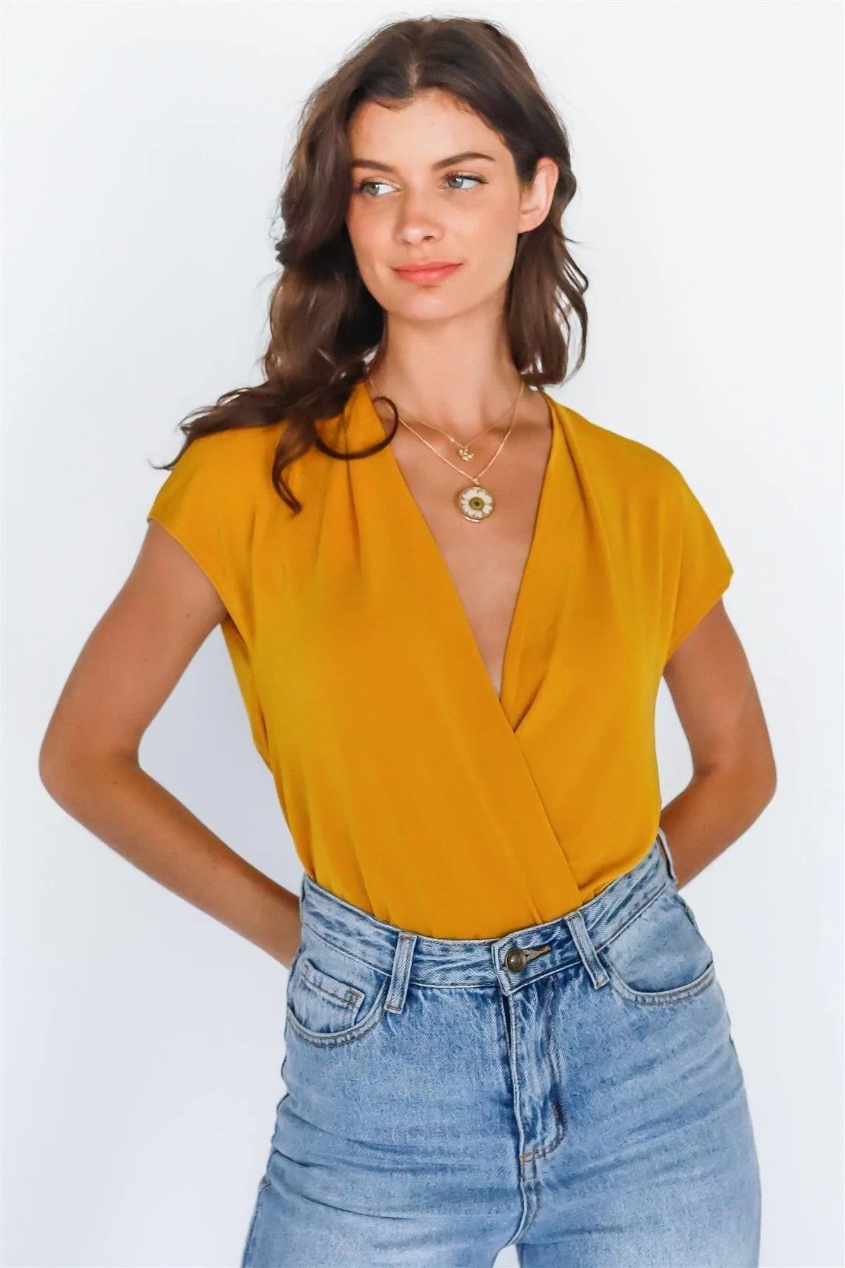 Mustard Wrap V-Neck Bodysuit with Open Back