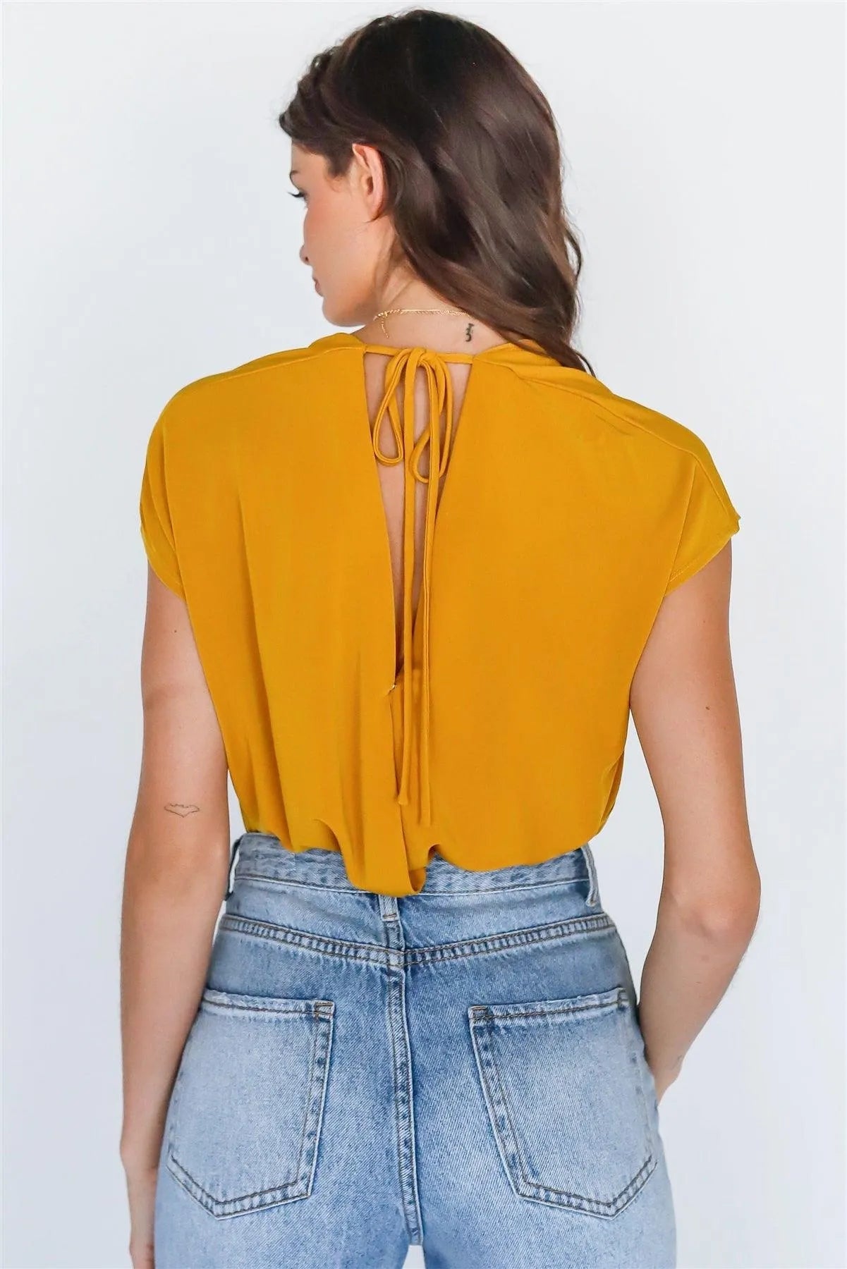 Mustard Wrap V-Neck Bodysuit with Open Back