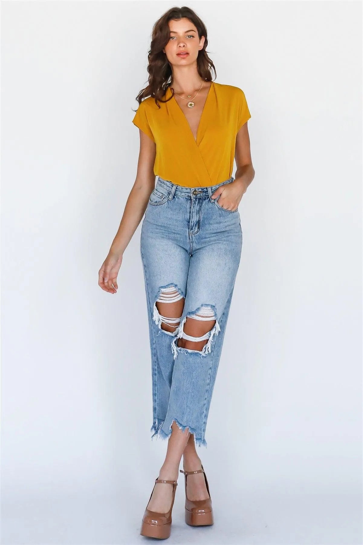 Mustard Wrap V-Neck Bodysuit with Open Back